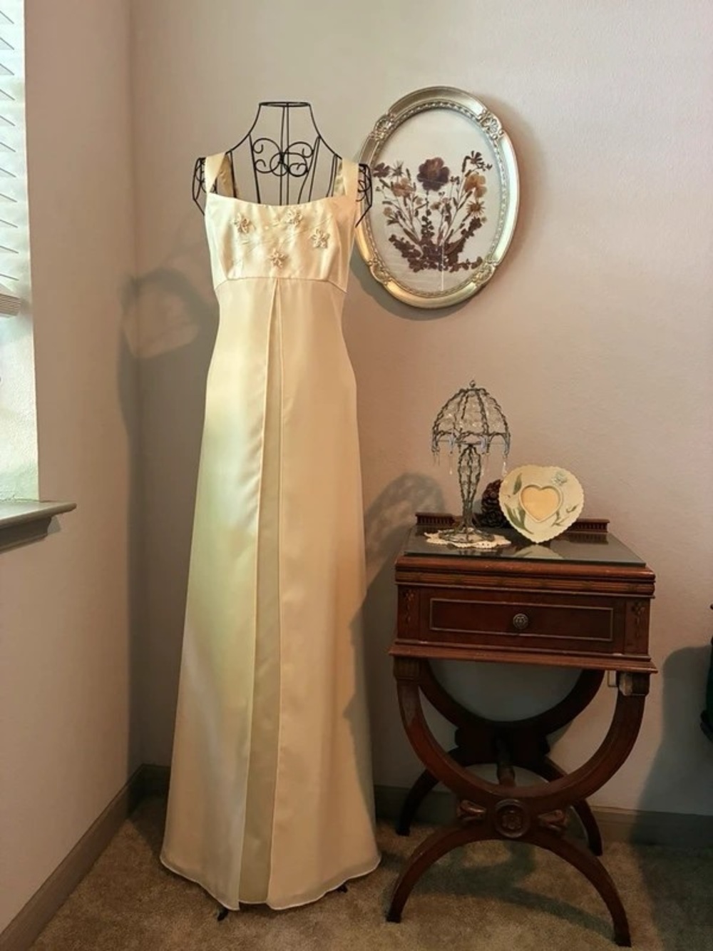 Cream Satin Maxi Slip Dress with Embroidered Bodice
